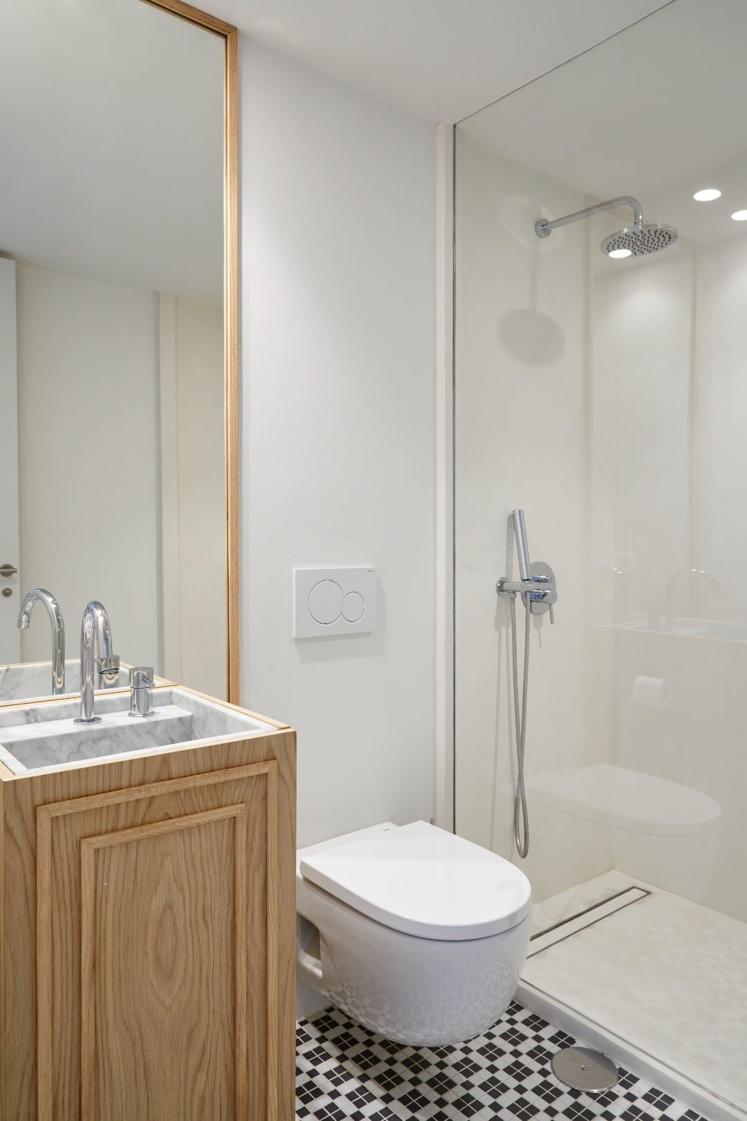 En-suite bathroom at Terraza Del Sol — rain shower, marble basin, mosaic tile floor
